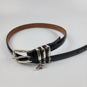 BRIGHTON Women Size M 30 Black Croc Embossed Leather Silver Golf Charm Belt EUC